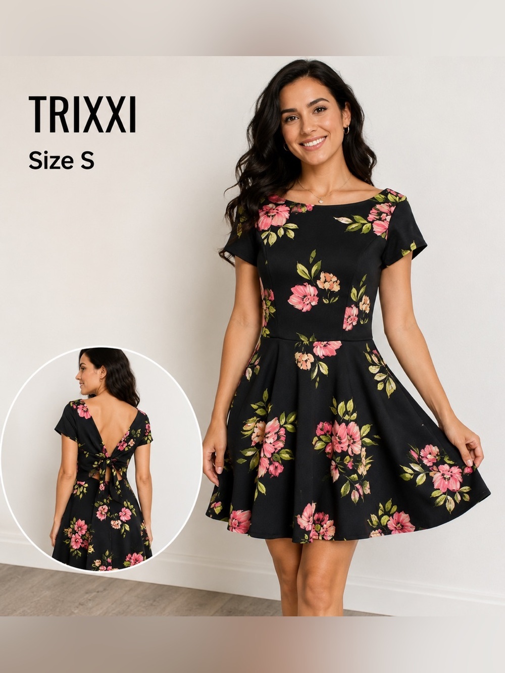 TRIXXI Black and Pink Fit and Flare Mini Dress with Bateau Neckline/size S
